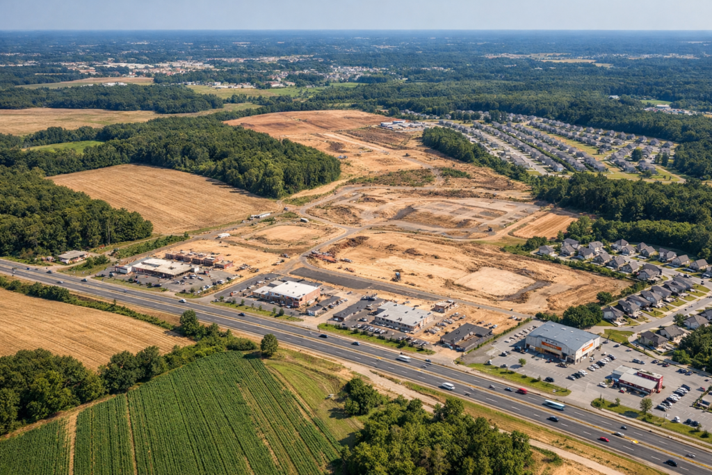 Aerial view of development along the US 70 corridor in Smithfield, North Carolina, showing commercial, residential, and agricultural land.